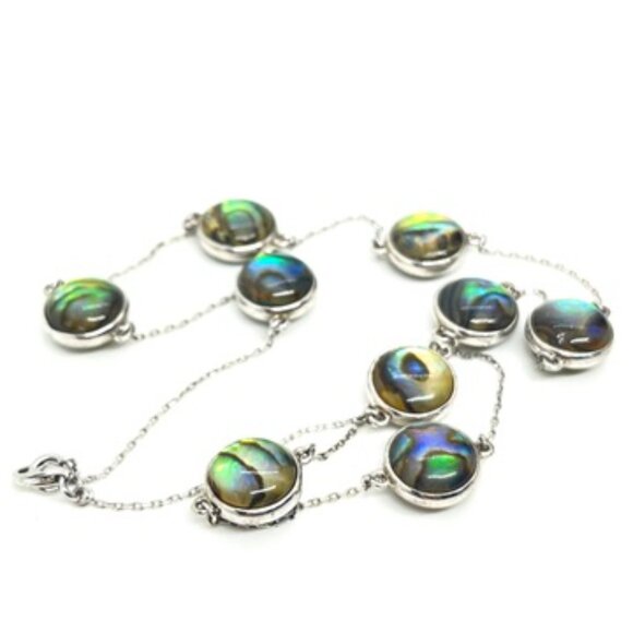ABALONE SHELL MOTHER OF PEARL 925 STERLING SILVER STATION LINK NECKLACE 18" - Picture 13 of 16